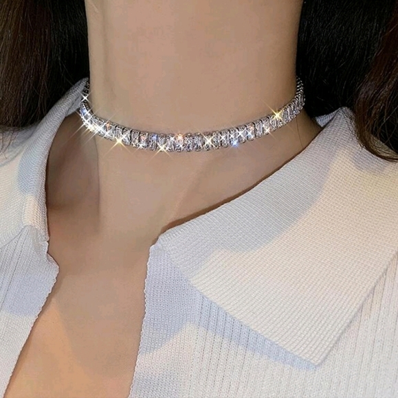 Square Cubic Zirconia Simulated Diamond Silver Toned Choker - Picture 11 of 11